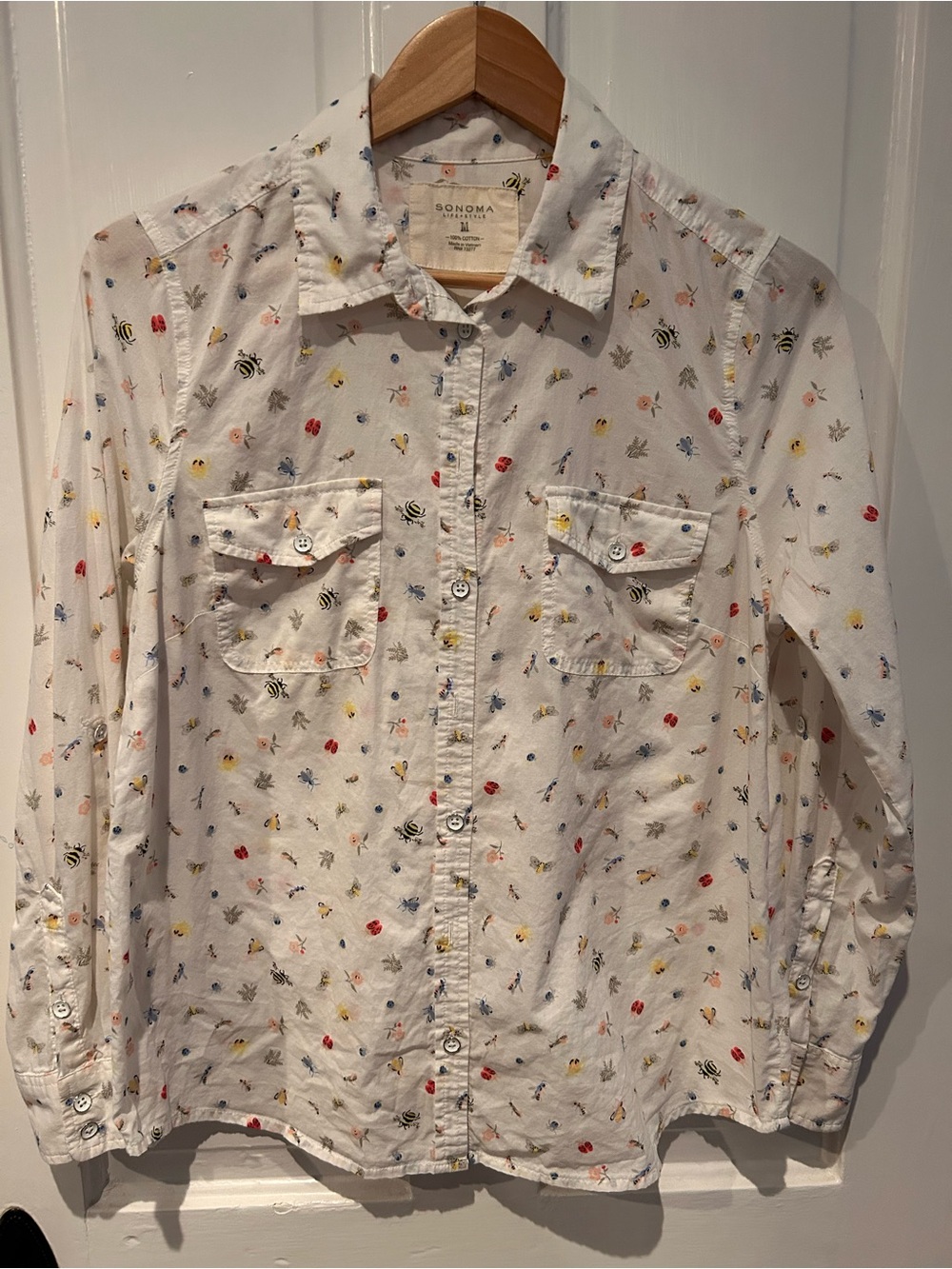 SONOMA White Floral & Bee Print Button-Down Shirt